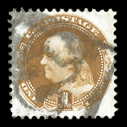 123, 1c Buff re-issue, used example with a most unusual boxed negative 2 cancel, well centered, bright and fresh, very fine 2003 PSE certificate (VF 80 SMQ
$425.00).