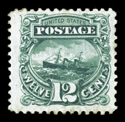 128, 12c Green re-issue, large margins, strong re-issue color and impression, o.g., faint soiling on reverse, otherwise very fine 1987 PF certificate.