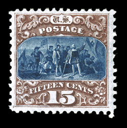 129, 15c Brown and blue re-issue, Ty. III, well centered within large margins, intense re-issue color and impression, large part o.g., very fine only 1,981
sold.