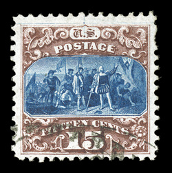 129, 15c Brown and blue re-issue, Ty. III, used, rich luxuriant colors and deeply etched impressions, nicely centered and margined, unusually light cancel complete free of the
vignette, very fine 2001 PSE certificate.