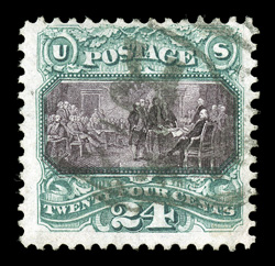 130, 24c Green and violet re-issue, used, lovely rich colors, light registry cancel, certificate notes stain spot mostly removed at right center, very fine appearance 1989 PF
certificate.