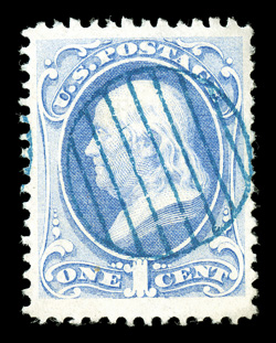 134, 1c Ultramarine with grill, uncommonly well centered within tall margins, exceptionally bright and fresh, complete strike of a light blue grid pmk., extremely fine 2003 PSE
certificate (VF-XF 85 SMQ $260.00).