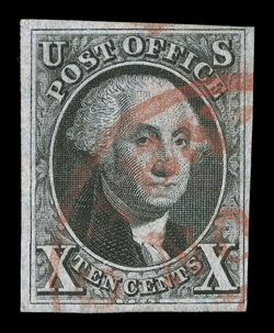 2, 10c Black, full to large margins all around, fresh color and a clean impression, bright red c.d.s. cancel, miniscule corner crease at top left, otherwise very fine clear 1993
PF certificate.