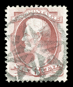 137, 6c Carmine with grill, used, excellent central strike of a fancy New York Foreign Mail cancel, strong rich color, well defined grill impression, nearly very fine 1984 PF
certificate.