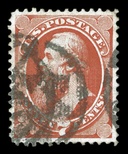 138, 7c Vermilion with grill, an exceedingly choice used example, being marvelously well centered within large margins, gorgeous rich color and a crisp impression, well defined
grill, NYFM geometric cancel, extremely fine.