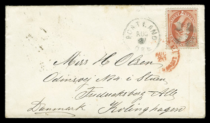 138, 7c Vermilion with split grill, nicely centered single with split grill tied by red transit pmk. on 1873 cover to Denmark, Portland OreAug 9 c.d.s., Danish backstamps, very
fine a scarce destination.