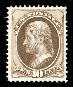 139, 10c Brown with grill, H grill, nicely centered within large margins, sumptuously rich color and an excellent clarity of impression, faint but discernable H grill, full
original gum, lightly hinged, very fine a rare mint stamp 2009 PSE