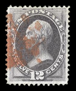 140, 12c Dull violet with grill, a rather attractive used example of this scarce stamp, with lovely rich color and a clean impression, cancelled by a bright red cork, well
defined grill, very fine 1992 PF certificate.