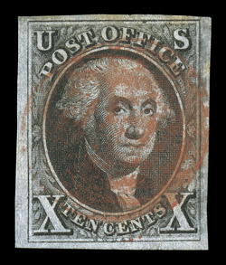 2, 10c Black, used, ample to mostly large margins all around, strong color and fine impression, red grid cancel, faint tone spots at top, otherwise very fine.