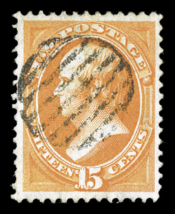 141, 15c Orange with grill, premium used example of this scarce stamp, exceptionally well centered within uncommonly large margins, gorgeous intense color and impression, many
easily identifiable grill points, neat small grid cancel, extremely f