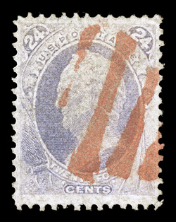 142, 24c Purple with grill, an attractive used example of this Bank Note rarity, far better centering and stronger color than usually found, lovely bright red cancel, prominent
well defined grill, top right corner perf. reattached, otherwise