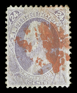 142, 24c Purple with grill, an attractive used example of this rare Bank Note grill, with better centering and larger margins than the majority of existing examples, cancelled
by a red cork pmk., tiny corner creases, otherwise very fine 200