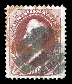 144, 90c Carmine with grill, uncommonly well centered within particularly wide margins, strong color and impression, black cork cancel and a red transit pmk., small crease at
top right, extremely fine appearance 2001 PF certificate.