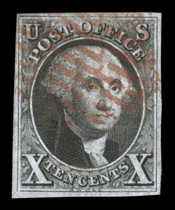 2, 10c Black, with short transfer at top, four full margins, strong color and impression, light red grid cancel, minute corner crease, otherwise very fine 1994 PF
certificate.