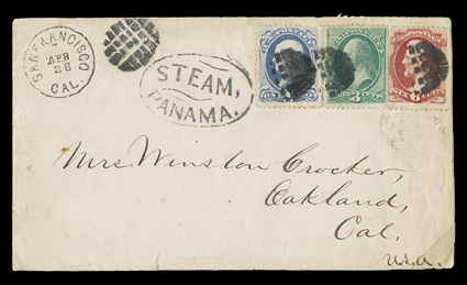 145, 147, 148, 1c Ultramarine, 3c Green and 6c Carmine, all used on a very rare cover (1872) from Panama to Oakland, Cal., stamps applied at origin and cancelled by waffle grid
postmarks, near perfect strike of fancy oval STEAM,PANAMA. al