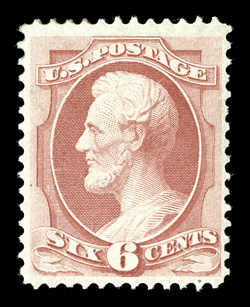 148, 6c Carmine, a marvelously fresh mint example, beautiful rich color and an excellent clarity of impression on crisp white paper, exceptionally well centered and margined,
full o.g., lightly hinged, extremely fine actually a very elusive sta