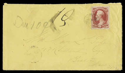 148, 6c Carmine, strong color, small corner crease, tied to canary colored cover from Rawdon, Canada to Boston, Mass. by Canadian concentric rings cancellation, matching
RawdonOc 12 71Que c.d.s. at bottom left, Montreal transit c.d.s. on