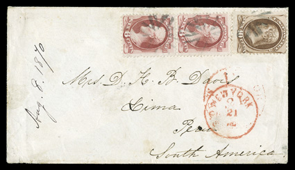 148, 150 6c Carmine, 10c Brown, a vertical pair of the former and a single of the latter, paying the correct 22c rate, tied to neat 1870 cover to Lima, Peru by small circle of
Vs NYFM cancels, New York21 Jul c.d.s. as well as red N