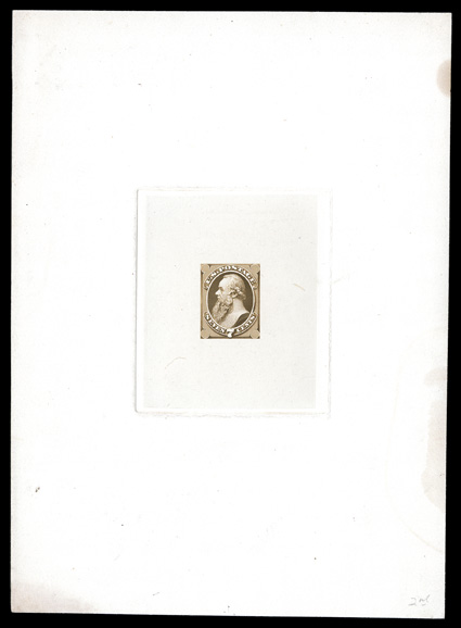 149-E7, 7c Brown die essay with dots added on forehead, on India, die sunk on full size 141x202mm card, trivial corner mounting wear at bottom left and a faint stain at right,
otherwise fresh and very fine a very rare essay, especially desirabl