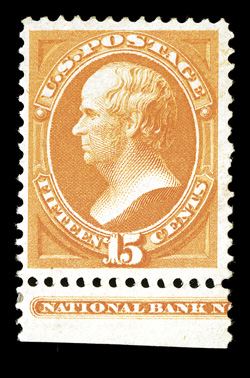 152, 15c Bright orange, bottom margin imprint single, brilliant color, full o.g., trivial h.r., nearly very fine for this rare mint stamp.