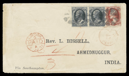 154, 30c Black, well centered horizontal pair along with single of the 6c Carmine grilled (137. pre-printing fold), together they pay the triple British Mail rate, tied to a
famous printed Bissell correspondence cover to Ahmednuggur, India