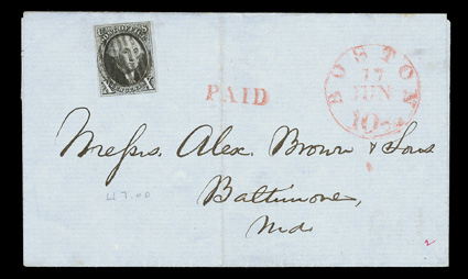 2, 10c Black, four clear to large margins, deep rich color and strong impression, cancelled by black grid on 1851 folded cover to Baltimore, red Boston17 Jun datestamp with
integral 10 cts rate and matching Paid handstamp, fresh and very