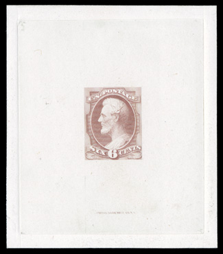 159P1, 6c Pink, large die proof on India, die sunk on card measuring 72x83mm and showing dull die sinkage, with National Bank Note Co. N.Y. imprint at bottom of India, fresh
and very fine.