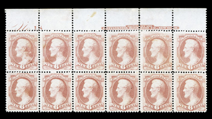 159, 6c Dull pink, a striking full top margin imprint and plate No. 18 block of twelve, possessing a marvelous overall freshness not expected on a multiple of this vintage,
gorgeous rich color and impression on crisp paper, unusually well cent