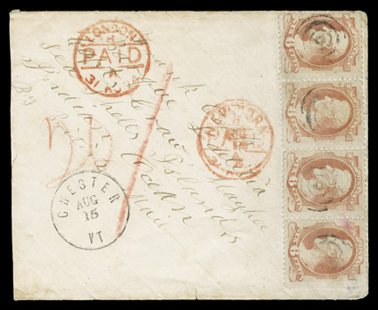 159, 6c Dull rose, horizontal strip of four, used on a 1874 cover to the Seychelles Islands (addressed as Sea Shells IslandsIndian Ocean), stamp with light central strikes of
target cancels, Chester, Vt.Aug 15 originating c.d.s. at bot