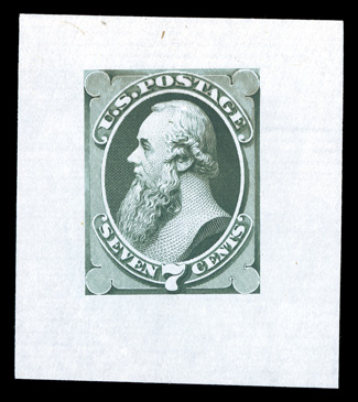 160TC2, 7c Stanton, small die trial color proofs on India, in the five known colors, all are relatively full sized, the dull red is mounted on card, very fine and seldom
offered.
