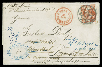 160, 7c Vermilion, bright single tied to 1874 folded letter to Germany by fancy star NYFM pmk. (Weiss ST-MP3), the cancel being particularly well struck, red New York transit
c.d.s. and blue merchants oval handstamp at bottom left, redirect