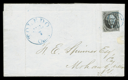 2, 10c Black, four ample to large margins, rich color and strong impression, tied by blue grid cancel to 1848 folded letter to Mohawk Village, N.Y., matching Toledo, Ohio.July 7
datestamp, very fine unlisted in the Alexander census and one o