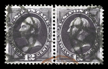 162, 12c Blackish violet, used horizontal pair, both stamps being exceedingly well centered amid large margins, strong rich color and a highly detailed impression, fancy
geometric NYFM cancels as well as a bit of a bright red transit pmk., extre