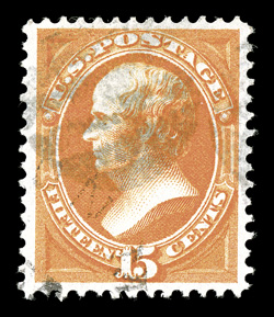 163, 15c Yellow orange, pretty used single, exceptionally well centered and margined, gorgeous color that is especially deep and intense, highly detailed impression on pristine
white paper, light cancel, extremely fine 1989 PF certificate