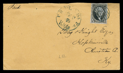 2, 10c Black, large margins all around, rich color and sharp impression, light vertical stain at bottom, tied by blue grid to buff cover to Hopkinsville, Kentucky with original
1847 partially printed enclosure, matching Philada Pa.Sep 7 dates