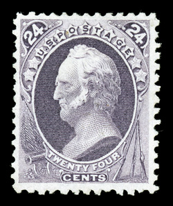 175, 24c Dull purple special printing, without gum as issued, a marvelous example of this special printing, in a quality which places it among the finest examples extant, as
this extraordinary stamp features full perforations that have not b