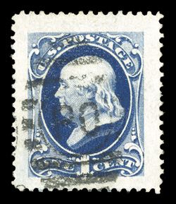 182, 1c Dark ultramarine, the phenomenal stamp offered here is the most spectacular Bank Note stamp we can recall seeing, as it certainly possesses the most immense margins
imaginable and is incredibly well centered within these unbelievable bor