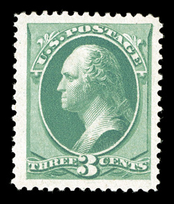 184, 3c Green, exceptionally well centered within remarkably large margins, attractive rich color, o.g., never hinged, faint gum bend, extremely fine jumbo clear 1992 PSE
certificate.