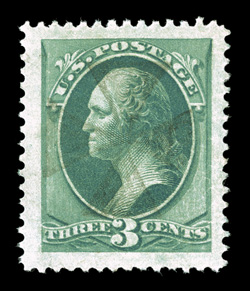 184, 3c Green, a stunning used single, being marvelously well centered within enormously large margins, bright fresh color, light Maltese Cross cancel, an extremely fine and
incredibly large-margined gem 2009 PF certificate and a 2009 PSE certi