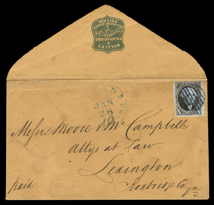 2, 10c Black, large to very large margins all around, intense color and strong impression, tied by blue grid to buff cover to Lexington, Virginia, matching Philada Pa.Jan 28
datestamp alongside, green shield-shaped attorneys return card prin