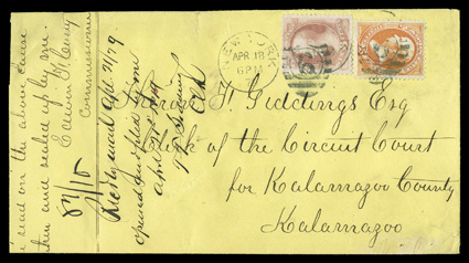 186, 6c Pink, used in combination with 15c Yellow orange 1873 issue (163), tied to refolded 1879 court cover from New York City to Kalamazoo, Mich. by New YorkApr 18 79 duplex
cancels, this being the earliest documented usage of the 1879 6