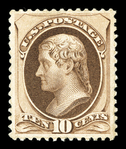 187, 10c Brown, without secret mark, well centered within unusually large margins, rich color, certificate states part o.g., but it has nearly full original gum, a very fine
example of this scarce and difficult stamp.