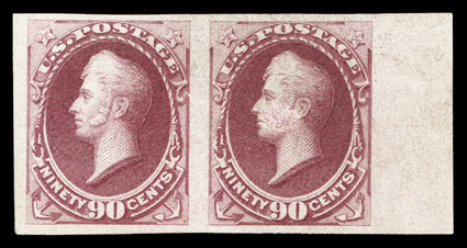 191a, 90c Carmine imperforate, right sheet-margin horizontal pair, without gum as issued, large margins, vibrant color, an extremely fine and choice example of this rare
imperforate.