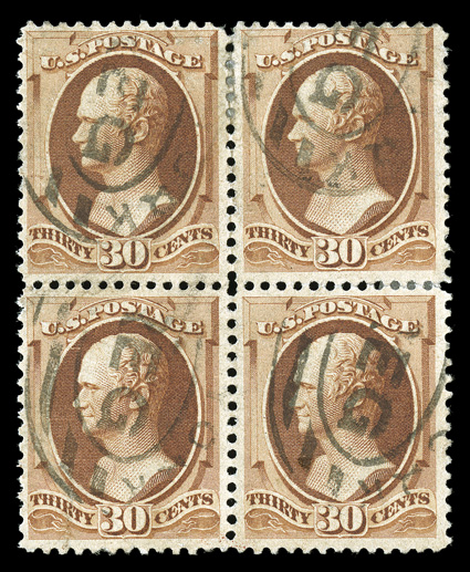 205-217, 1c-30c American Bank Notes, used block of four of each of all thirteen stamps (210 is a block of six), 206 is tied to piece, some small faults, fine-very fine
appearance.