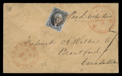 2, 10c Black, pos. 67L, large to very large margins all around, rich color and strong impression, tied by red square grid to buff cover to Brantford, Canada West, matching
New-YorkMar 5 datestamp and endorsed Paid to the lines, red Que