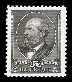 205, 5c Yellow brown, an impressive mint single, sporting extravagantly wide margins all around and being remarkably well centered within this vast expanse, luxuriant color and
a prooflike impression on fresh paper, o.g., n.h., natural paper inc