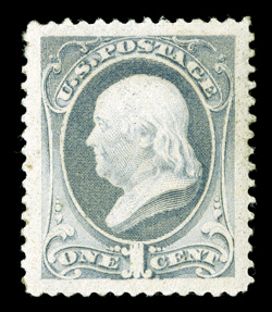 206, 1c Gray blue, a striking jumbo-margined mint example, featuring enormously large and wonderfully well balanced margins all around, warm rich color on fresh paper, o.g.,
lightly hinged, extremely fine actually a very scarce stamp to find in