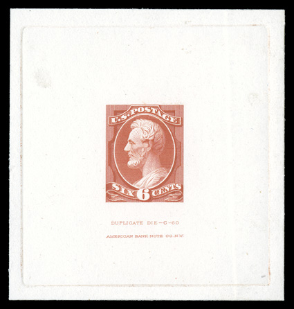 208TC1, 6c Orange vermilion, large die trial color proof, die sunk on card measuring 70x74mm, showing full die sinkage, with Duplicate Die - C - 60American Bank Note Co. N.Y.
imprint below, choice very fine scarce and striking ex-Finkelbu