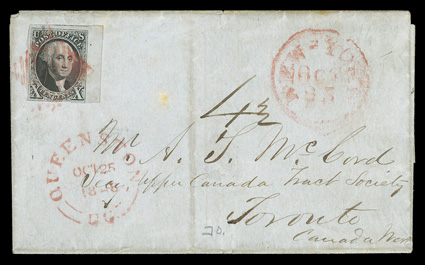 2, 10c Black, right sheet-margin single, other margins huge to cutting frame line at bottom right, including a bit of the adjacent stamp at top, rich color and strong
impression, tied by red square grid to 1848 folded cover to Toronto, match
