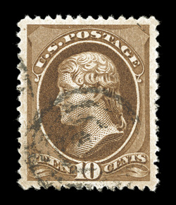 209, 10c Brown, superb used example of this relatively common stamp, in a most uncommon quality, precisely centered within large balanced margins, rich luxuriant color,
uncommonly light target cancels, an extremely fine gem 2009 PSE certificate